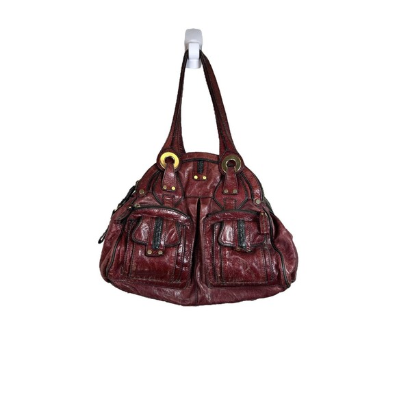 LOCKHEART DISTRESSED Y2K LARGE BURGUNDY GENUINE LEATHER HOBO SHOULDER TOTE BAG - Picture 2 of 10